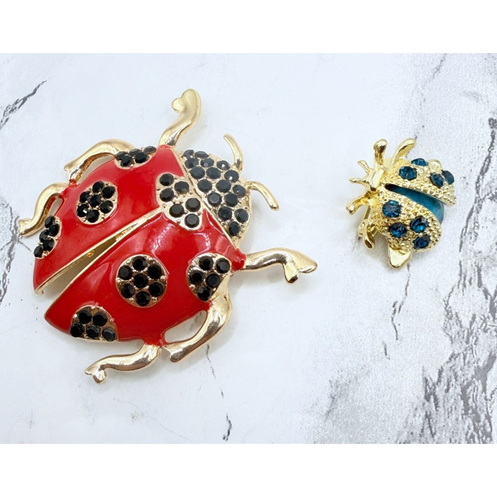 Ladybug Brooch Lot of 2 Red Teal Rhinestone Gold Tone Insect Pins